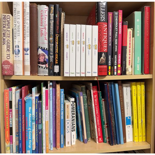 Bookshelf Lot: Guides, Animal Books, Antiques, Needlework, Reference Including TELUS
