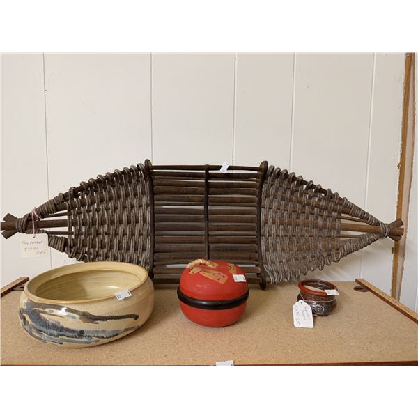 Decorative Items Including Woven Tray, Ceramic Bowls, and Painted Red Box