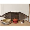Image 1 : Decorative Items Including Woven Tray, Ceramic Bowls, and Painted Red Box