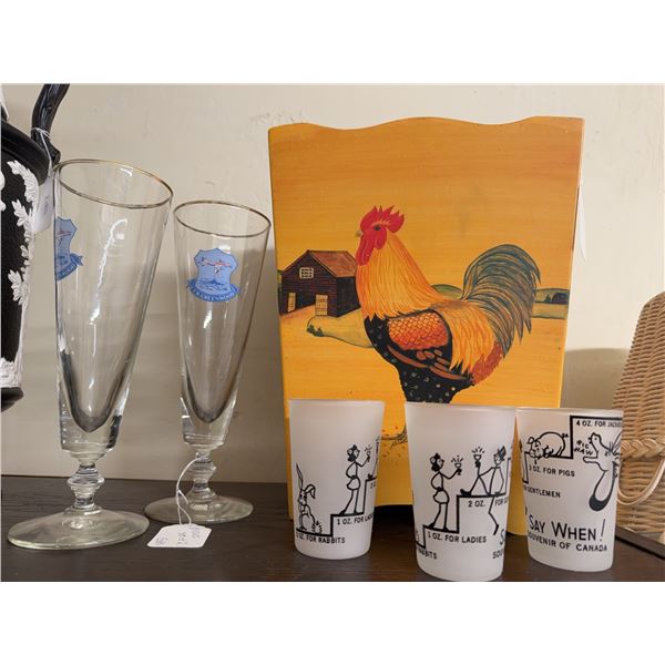 Wooden Rooster Decor Bin With Set Of 3 Humorous Souvenir Canada Shot Glasses