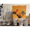 Image 1 : Wooden Rooster Decor Bin With Set Of 3 Humorous Souvenir Canada Shot Glasses