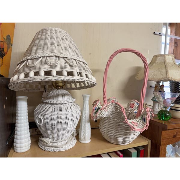 White Wicker Table Lamp, Basket, and Two Milk Glass Vases Grouping