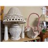 Image 1 : White Wicker Table Lamp, Basket, and Two Milk Glass Vases Grouping
