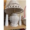 Image 2 : White Wicker Table Lamp, Basket, and Two Milk Glass Vases Grouping