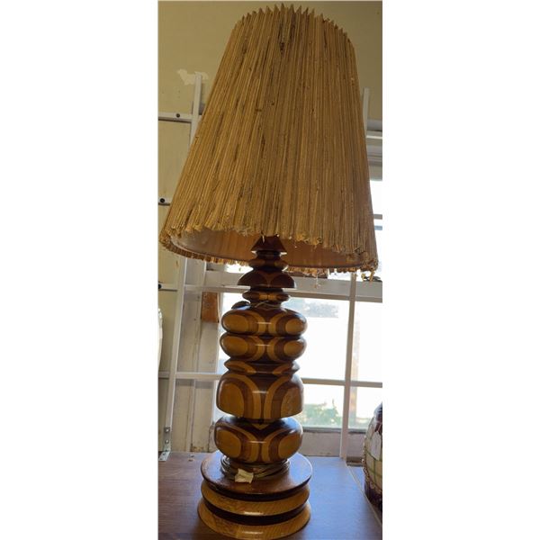Mid-Century Modern Stacked Wood Table Lamp with Pleated Fabric Shade