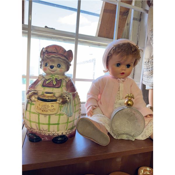 Vintage Ceramic Bear Cookie Jar, Baby Doll in Pink, and Decorative Silver Plate Lot