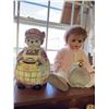 Image 1 : Vintage Ceramic Bear Cookie Jar, Baby Doll in Pink, and Decorative Silver Plate Lot