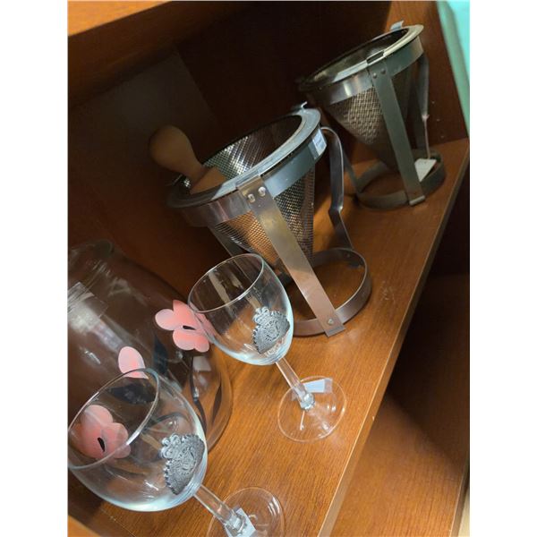 2 Stainless Steel Cone Strainers With Pestle, 2 Crest Wine Glasses, 1 Floral Jar