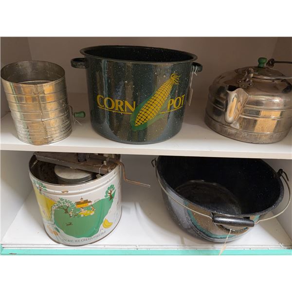 Kitchen Cookware Lot: Corn Pot, Kettle, Sifter, Ice Cream Freezer, and Bowl
