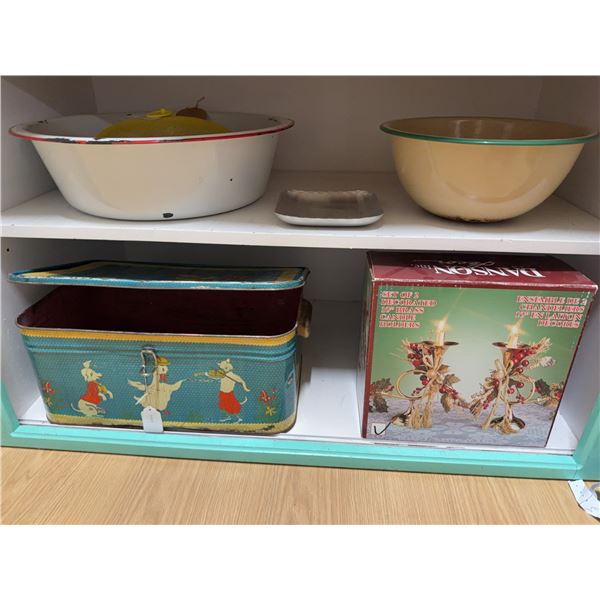 Lot: Enamelware Bowls, Metal Tray, Brass Candle Holders, Tin Box w/ Animal Scene