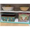 Image 1 : Lot: Enamelware Bowls, Metal Tray, Brass Candle Holders, Tin Box w/ Animal Scene