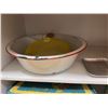Image 2 : Lot: Enamelware Bowls, Metal Tray, Brass Candle Holders, Tin Box w/ Animal Scene