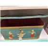 Image 5 : Lot: Enamelware Bowls, Metal Tray, Brass Candle Holders, Tin Box w/ Animal Scene