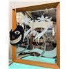 Image 1 : Framed Decorative Etched Glass Mirror with Floral Motif and Hanging Cat Face Mask