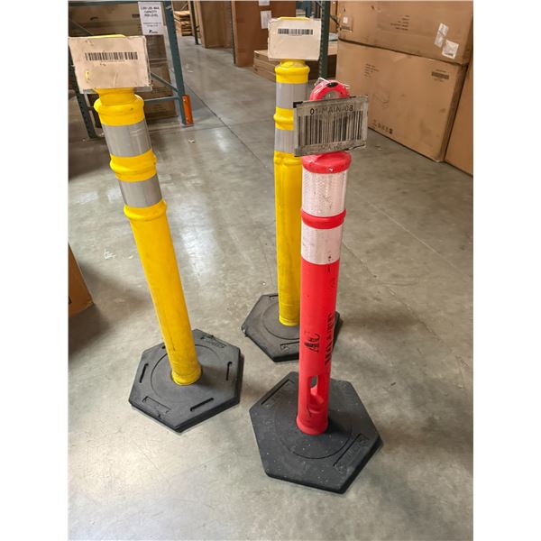 (2) Uline Yellow Delineator Post with Bases and (1) Uline Orange Delineator Post with Base