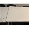 Image 10 : (2) White Adjustable Tables 55"x28"x32" with (9) Black Poly Mold chairs