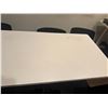 Image 11 : (2) White Adjustable Tables 55"x28"x32" with (9) Black Poly Mold chairs
