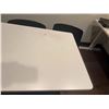 Image 12 : (2) White Adjustable Tables 55"x28"x32" with (9) Black Poly Mold chairs