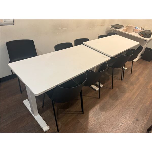 (2) White Adjustable Tables 55"x28"x32" with (9) Black Poly Mold chairs