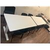 Image 2 : (2) White Adjustable Tables 55"x28"x32" with (9) Black Poly Mold chairs