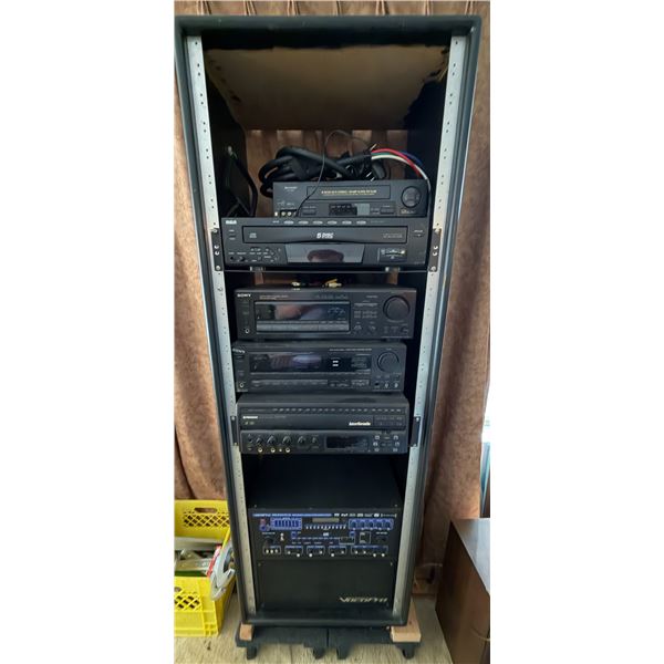 Rolling AV Rack w/Pioneer Laser Karaoke, VocoPro Gig, Man Plus, Sony Receiver, RCA CD Changer, Sharp
