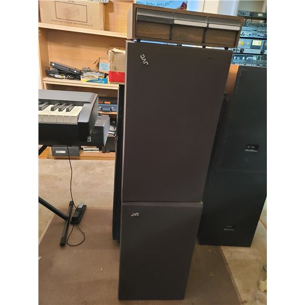 Pair of Vintage JVC Floorstanding Speakers with Woodgrain Cassette Storage Drawer Cabinet