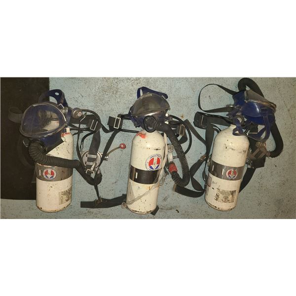 Set of 3 Vintage Firefighter SCBA Air Tanks with Harnesses, Regulators & Full-Face Masks