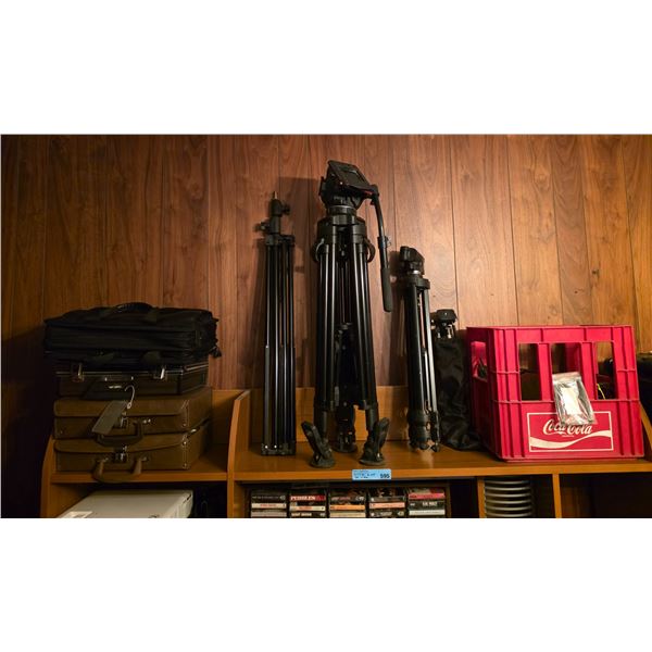 Group of Tripod Stands, Coca Cola Crate w/contents, Briefcases w/Contents, Etc.
