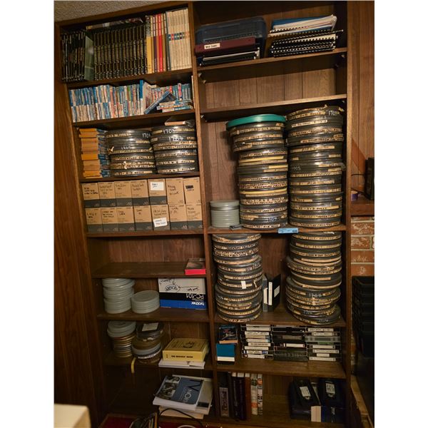 Open-Frame Studio Equipment Rack Cart with Mounted Component Deck, Assorted Film Reels & Wooden Geom