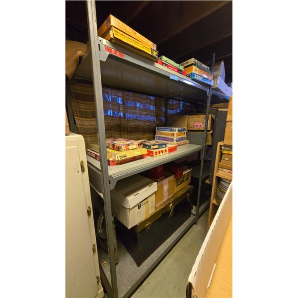 Metal Storage shelf & Contents - includes assorted Board Games, Vintage Chest & Cassettes