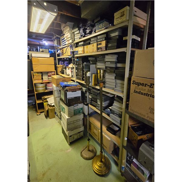 Large Collection of Archived Media, Cassettes, Film Reels & Electronics - includes shelving