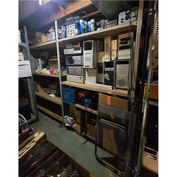 Metal Storage Shelving Unit & Contents - includes large group of Computer Towers, Vintage Radios & r