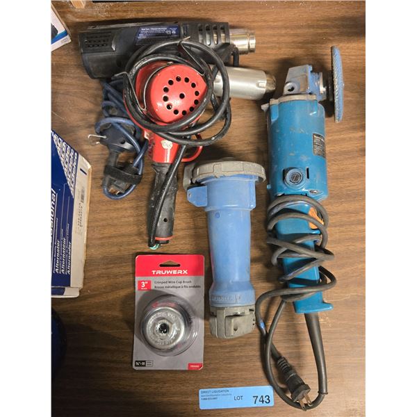 Assorted Hand Wired Tools - includes Makita Grinder, heat Gun, NEW Truwerx 3" Wire Cup Brush & More