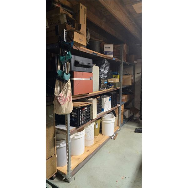 Group of 2 Metal Storage Shelves & Contents - includes Misc. Cables, Tapes, Electrical Components & 