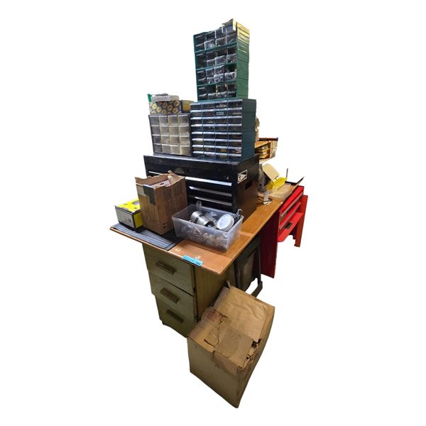 Large Group of Misc. Hardware, Tool Chest, Electrical Components & More - includes Wooden Desk