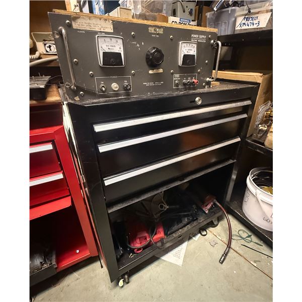 Black Metal Tool Box on wheels & Contents