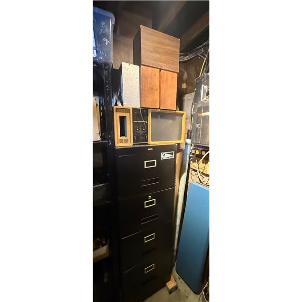 Black Filing Cabinet & Assorted Vintage Speakers - includes contents