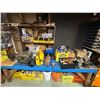 Image 1 : Large Blue Workbench & Contents - includes Hardware, Wooden Shelf, Car Jumper & Copper Cables