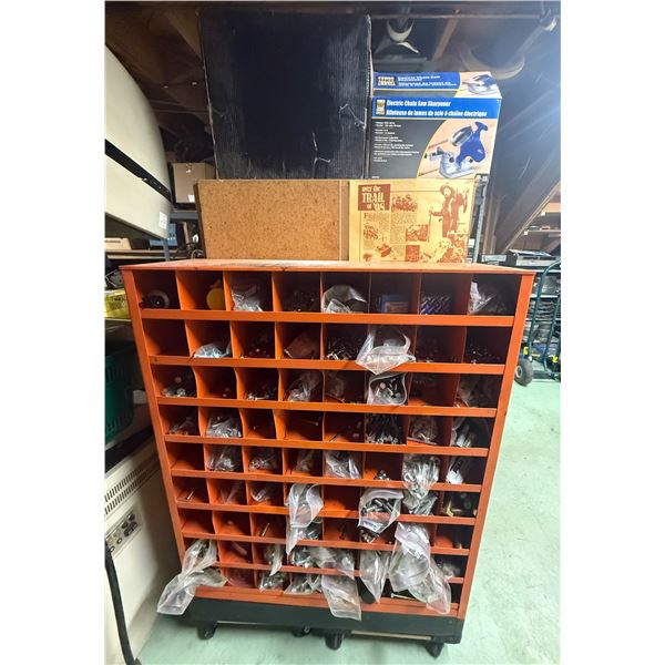 Heavy-Duty Rolling 72-Compartment Steel Hardware Bin Rack with Assorted Fasteners, Bolts, Nuts & Was