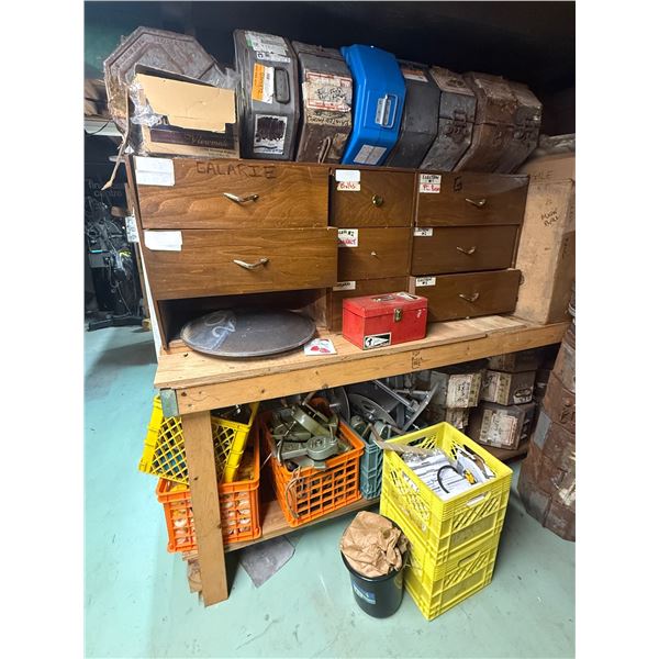 Heavy-Duty Wood Workbench with 8-Drawer Storage Unit & Audio Gear, Rewind Cranks, Reels & Components