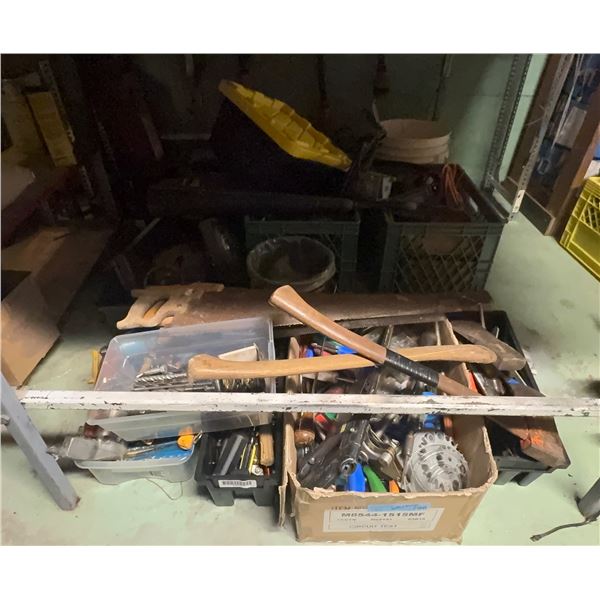 Vintage Bench Grinder, Hand Saws, Axe & Assorted Hand Tools with Storage Bins