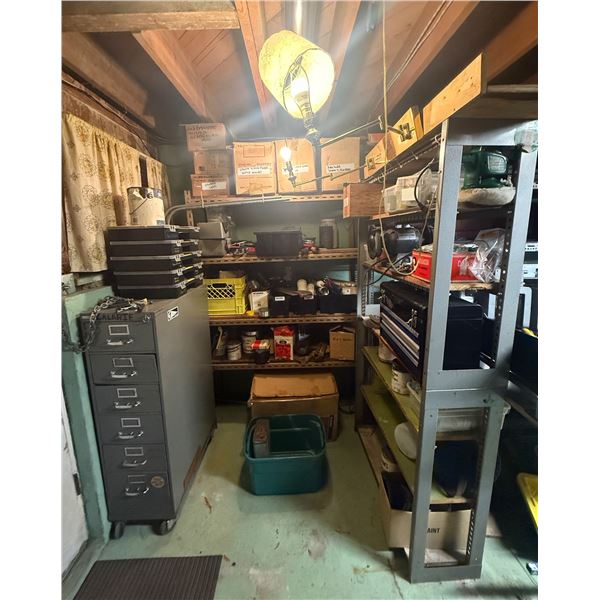 Workshop Storage & Tool Lot: Metal Shelving, Bench Grinder, 3-Drawer Tool Chest, 6-Drawer Parts Cabi