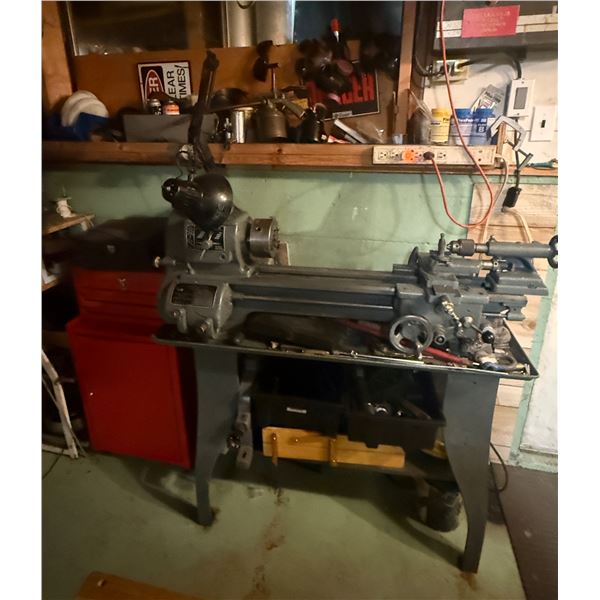Standard-Modern 9" "Utilathe" Model A Metal Lathe with Tooling & Red Rolling Tool Cabinet Lot