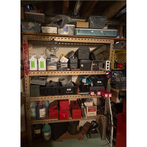 Multi-Shelf Workshop & Automotive Lot: Ammo Cans, Tool Totes, Fasteners, Wiring, Metal Index Boxes &