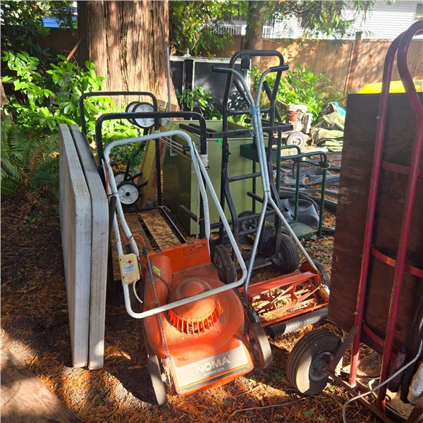 Yard & Utility Lot: Mowers, Hand Trucks, Folding Table & Wheeled Jobsite Power Distribution Panel