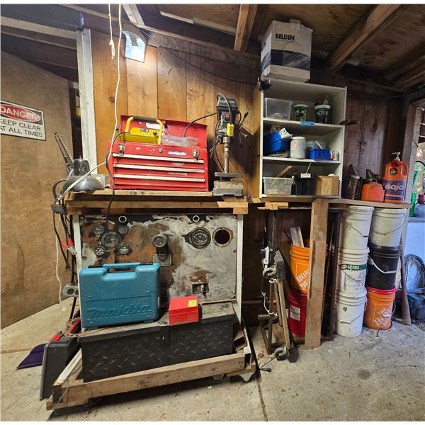 Workshop Bench Station: Mastercraft Tool Box, Delta Drill Press, Storage Cabinet, Tools & Shop Suppl