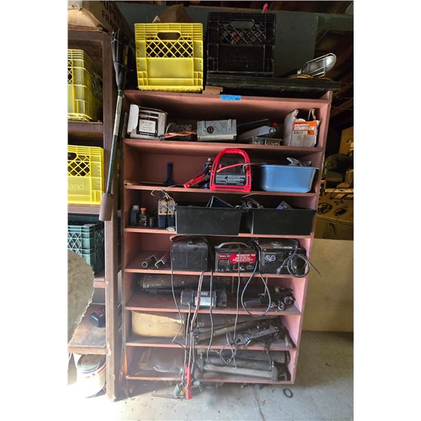 Shelving Unit: Motomaster Battery Chargers, Jump Starter, Hydraulic Cylinders, Hand Tools & Hardware