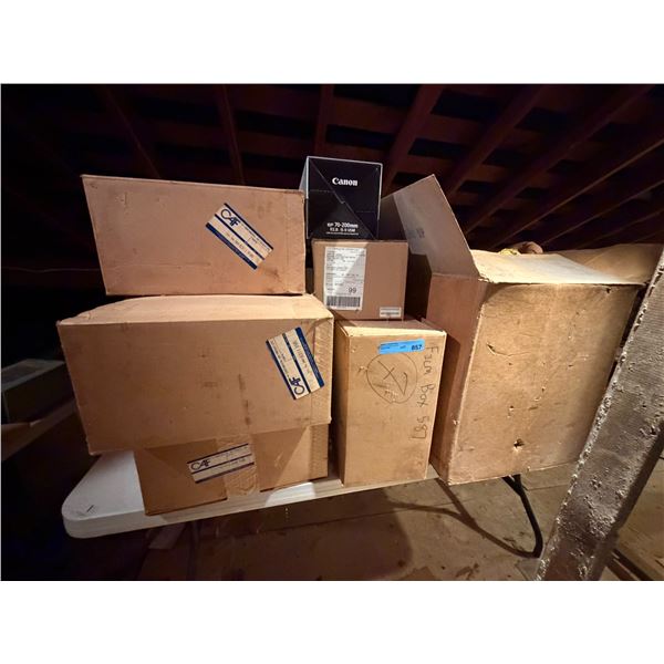 Large Group of Film Reels in Metal Canisters, Ushio Halogen Bulbs & Large Sylvania Mogul Base Mogul 