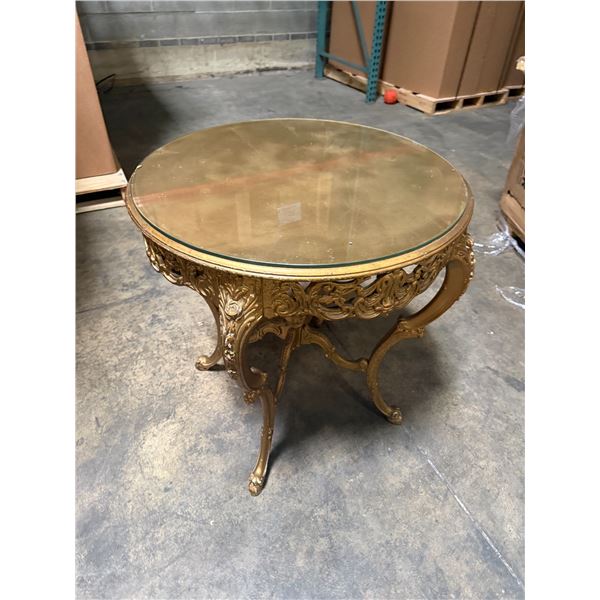 Gold Tone Rococo Style Table with Glass Top 28"x30"