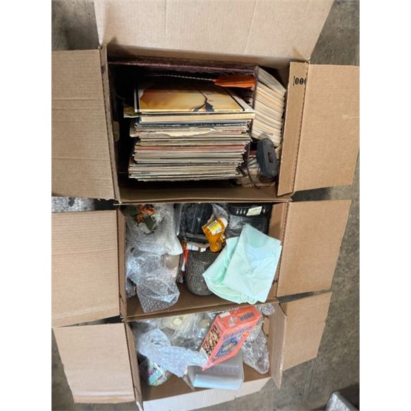 (3) Boxes of Records, Assorted Decorations for Apartment Scene Including Vintage Cereal Boxes, Conta
